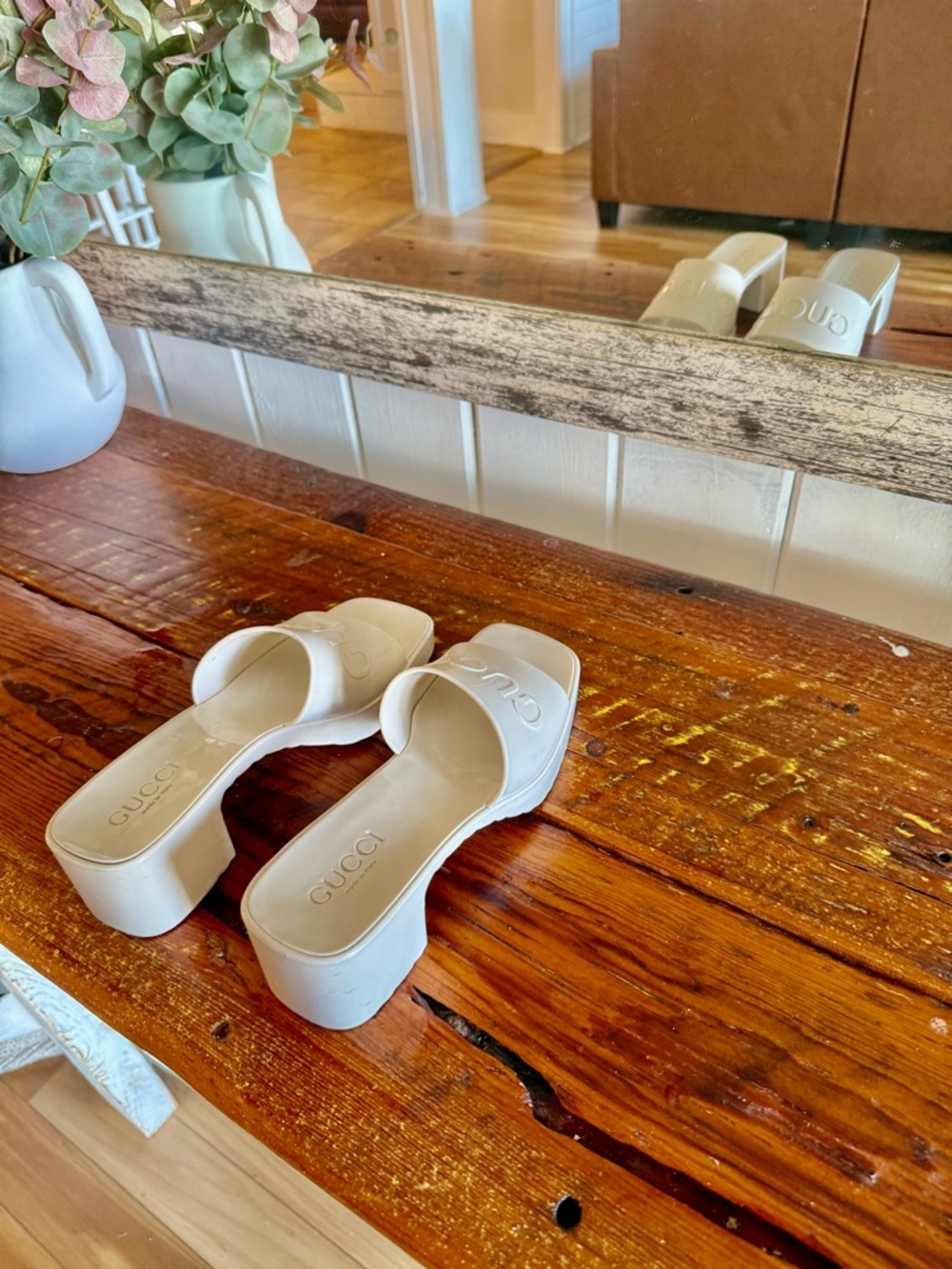 Gucci Cream Platform Slide Mules with Embossed Logo